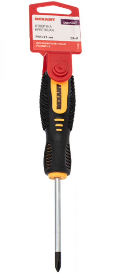 Отвертка крестовая PH 1х75 мм, двухкомпонентная рукоятка REXANT 12-6404